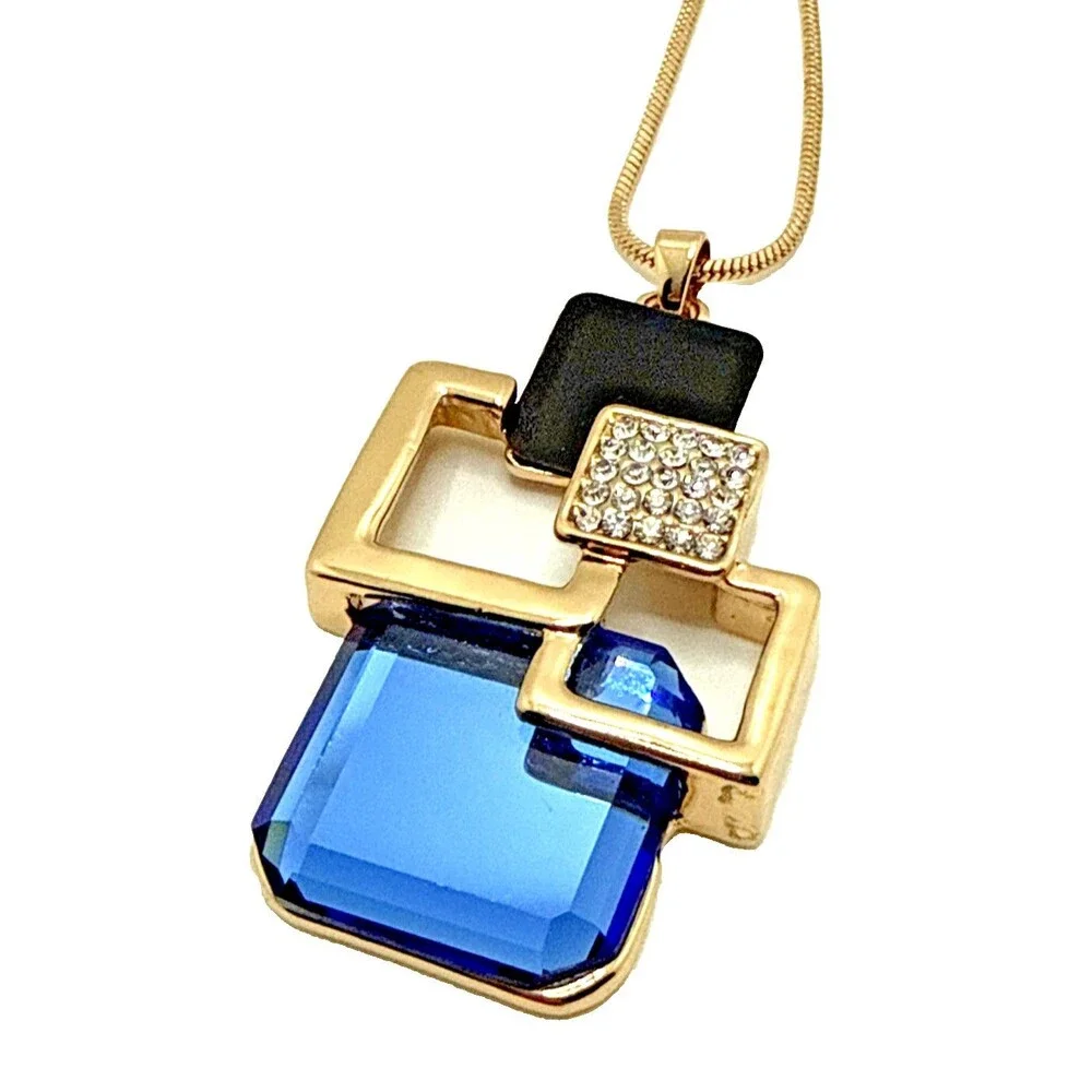 NEW Modernist Geometric Square Statement Necklace Blue Crystal Accents 32